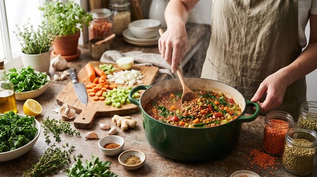 Hands cooking fresh vegetable stir fry in kitchen.