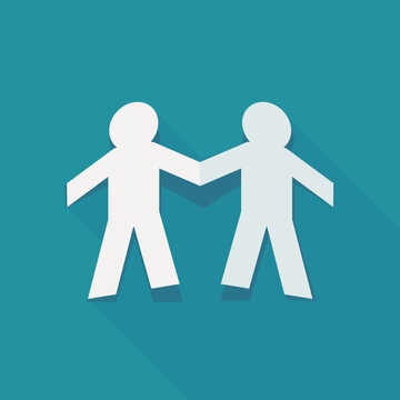 Flat design vector illustration of two paper cut men holding hands, symbolizing gay couple partnership, solidarity, and unity