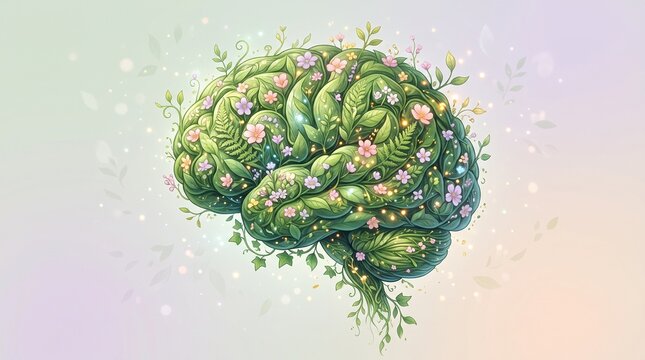Illustrated Brain with Floral Growth Concept.
