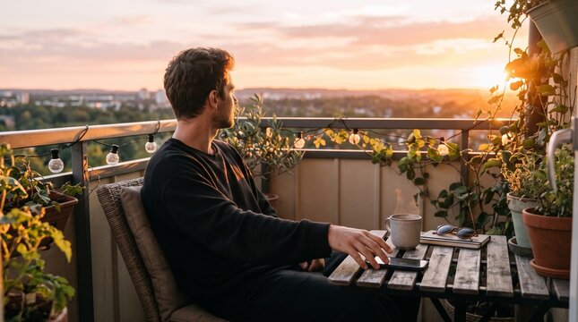 Man enjoying sunset on rooftop terrace with drink.