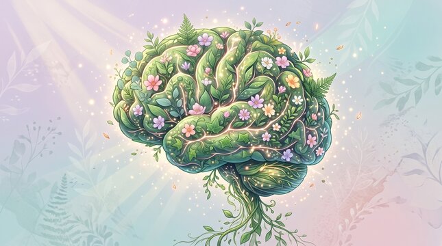 Creative Brain with Floral Growth Concept Illustration.