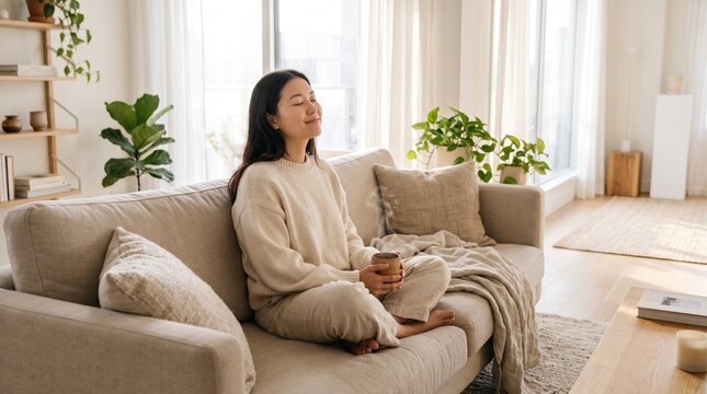 Woman relaxing indoors with plants and cozy setting.