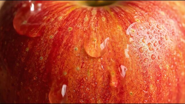Macro footage of fresh red apple skin covered in water droplets for healthy food background