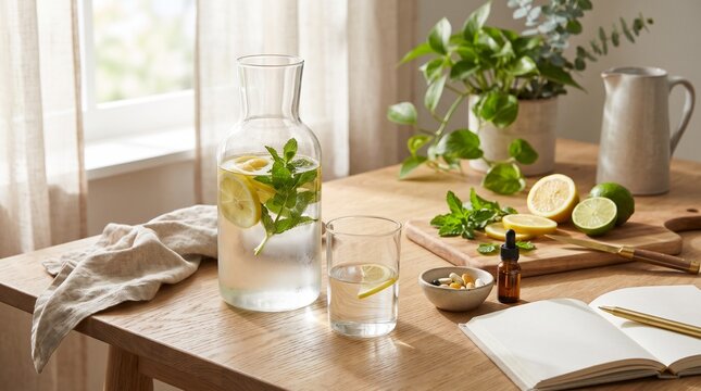 Fresh herbal infused water and natural decorations on table.