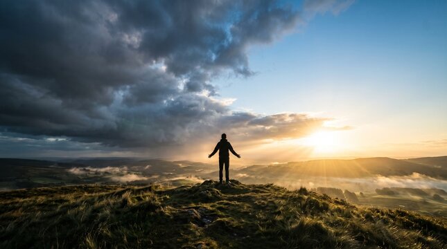 Silhouette Standing Triumphant Over Mountain Sunset.