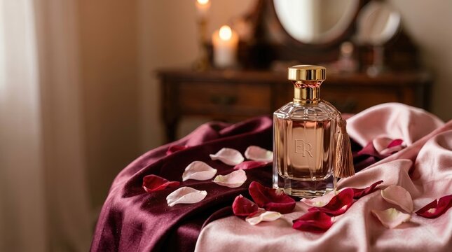 A luxurious perfume bottle rests on a plush pink silk blanket adorned with scattered red rose petals.