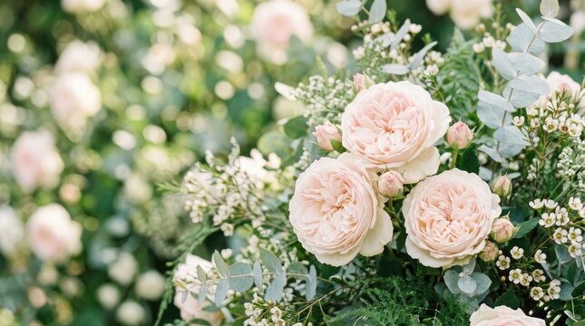 A close-up photograph showcases a beautiful bouquet of blush pink roses and white flowers accented with delicate greenery, including eucalyptus.