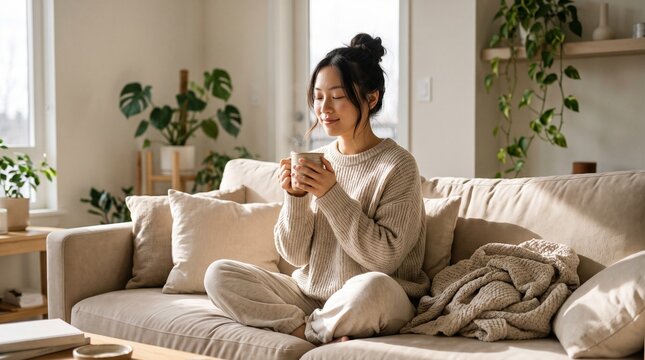 Woman enjoying cozy morning with hot beverage.