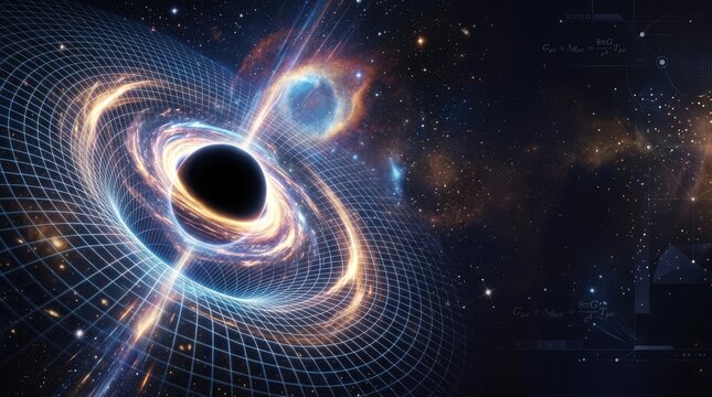 A digital artwork depicts a supermassive black hole surrounded by a swirling accretion disk.