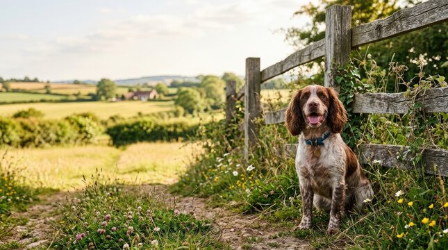 A brown and white Spaniel dog sits attentively on a weathered wooden fence, looking towards a picturesque countryside landscape. The dog is wearing a blue collar.