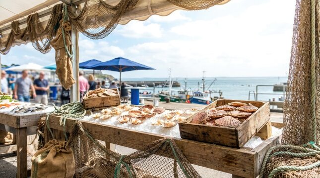 A weathered wooden table displays a variety of fresh shellfish, including scallops and mussels, arranged in rustic wooden crates. A fishing net drapes over the table, adding a nautical touch.