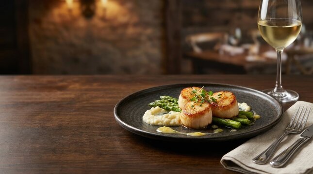 A dark-toned image showcases a plate of seared scallops served with asparagus and a creamy puree, accompanied by a glass of white wine.