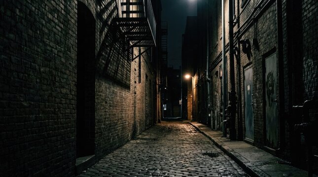 A dark, narrow alleyway is illuminated by a single street lamp. The brick walls are weathered and textured, leading into the darkness.