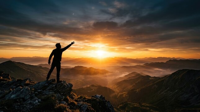 A silhouetted man stands atop a rocky mountain peak, raising his arm in a gesture of triumph. He gazes towards a vibrant sunrise over a vast mountain range filled with mist.