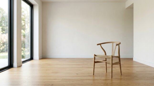 A single Wishbone chair sits in an empty room. The chair is made of light-colored wood with a distinctive curved back.