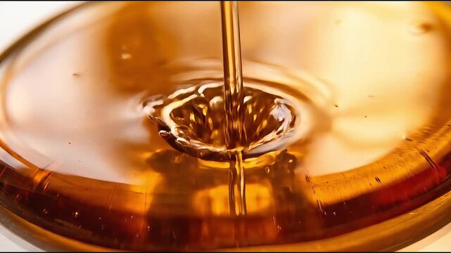 Macro video clip of pure golden oil dripping onto surface creating bubbles and ripples.