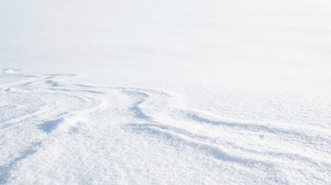 A person's footprints create a swirling pattern in a vast expanse of fresh, white snow. The snow appears soft and powdery, with subtle textures and variations in tone.