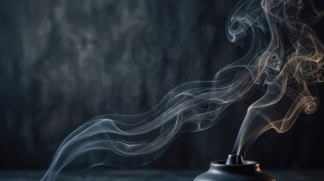 A dark, moody image features wisps of smoke rising from a ceramic incense burner. The smoke curls and dances in the air, creating an ethereal and dramatic effect.