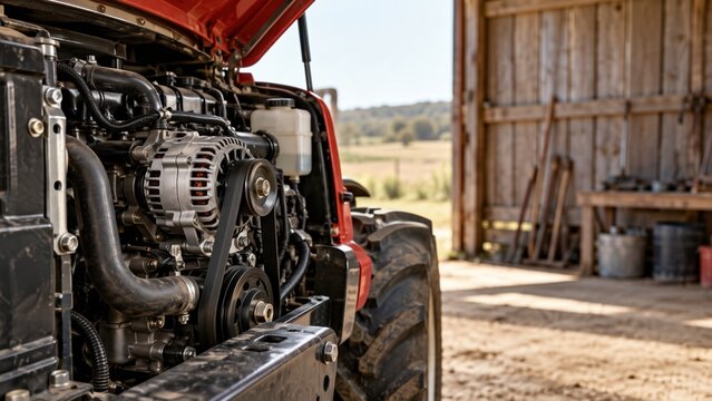 Close up of a red tractor engine and alternator in a farm garage