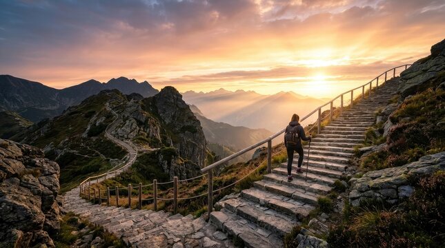 A lone hiker ascends a stone staircase leading to a mountain summit. The person is walking towards a vibrant sunrise, with a dramatic sky filled with orange and pink hues.