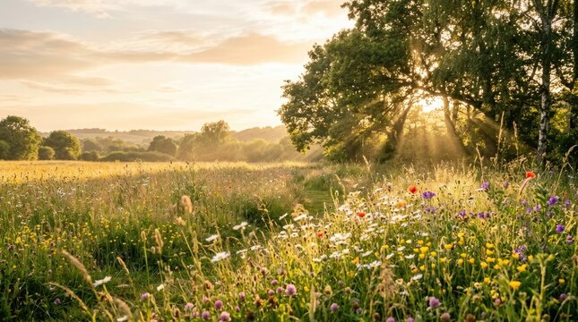 The sun rises over a vibrant wildflower meadow, illuminating a dense tree line in the distance. Golden light streams through the trees, creating a magical atmosphere.