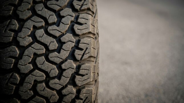 A close-up shot of a tire tread against a blurred gray background. The tire&rsquo;s complex pattern is sharply in focus, highlighting its rugged design.