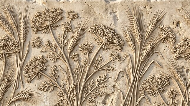 Bas-relief stone carving featuring intricate wheat stalks and wild umbellifer flowers on a textured beige limestone surface