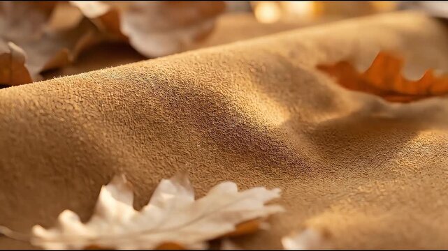 Close up footage of dry autumn leaves on soft golden fabric texture in warm light