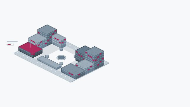 Seamless 4K looping isometric animation: city district isometric view glowing. Clean flat vector scene on a light background in blue and azure, with blank callout tags and plenty of copy space for you