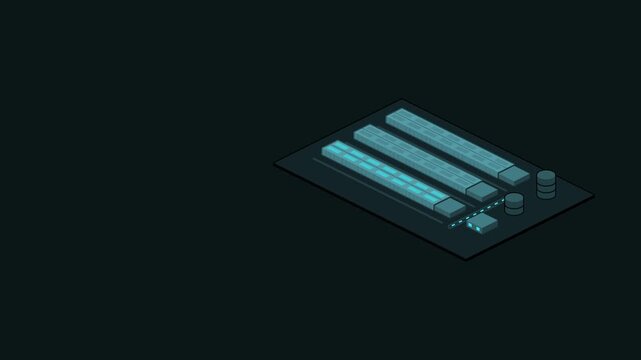 Animated greenhouse rows isometric view lit built as a minimal isometric vector scene in teal and cyan on a dark background. Smooth 4K seamless loop with empty label tags and room for your own caption