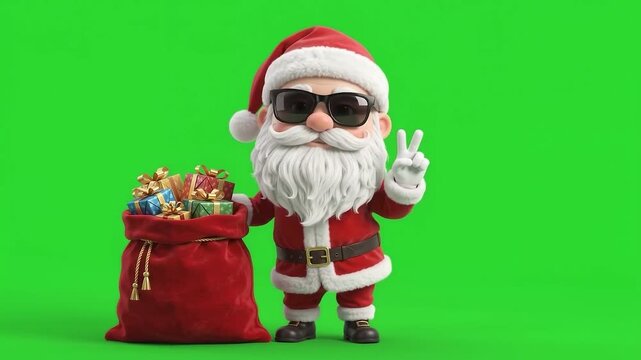 Trendy Santa Claus with Sunglasses and Gift Bag Animation on Green Screen