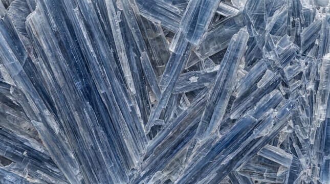 Close-up of elongated, translucent blue kyanite crystal blades with sharp edges and layered, fibrous mineral textures