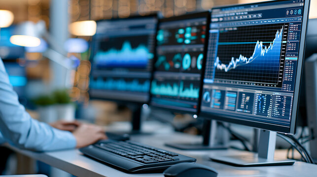 Modern trading desk with multiple screens showing stock, forex, commodity, and cryptocurrency markets, integrated automated execution, portfolio diversification, real-time