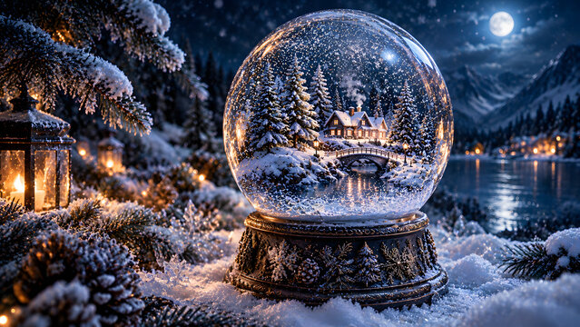 Winter Snow Globe with Evergreen Trees, Miniature Snow Covered Pine Forest Inside Glass Dome, Magical Winter Wonderland, Snowfall, Christmas Decoration