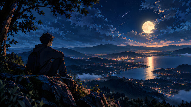 Anime Boy Alone at Night, Lonely Male Anime Character Standing Under a Starry Sky, Moody Night Scenery, Emotional Japanese Anime Illustration