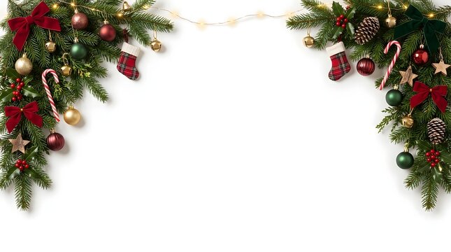 Festive christmas border with poinsettias ornaments and stockings for holiday cheer