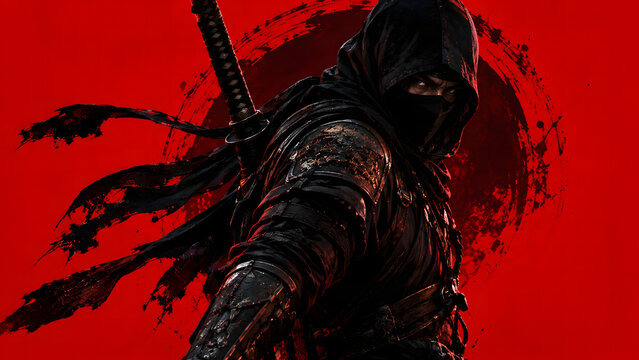 Male Ninja Wallpaper with Black Face Mask Covering His Face, Dark Shinobi Warrior, Japanese Ninja Character, Stealth Assassin, Mysterious Martial Arts Fighter, Dark Fantasy Background Wallpaper