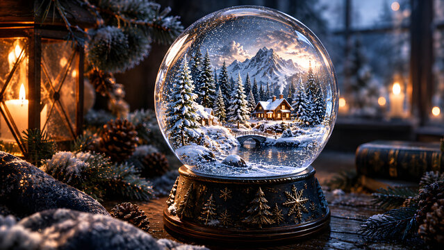 Winter Snow Globe with Evergreen Trees, Miniature Snow Covered Pine Forest Inside Glass Dome, Magical Winter Wonderland, Snowfall, Christmas Decoration