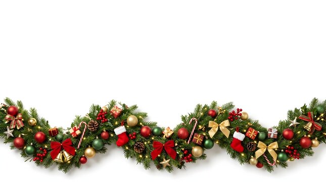 Festive christmas garland background with ornaments and winter holiday cheer