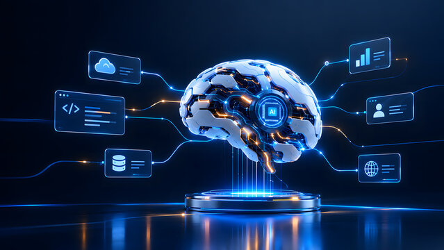 Artificial Intelligence Digital Brain, Futuristic Technology Web Background, Glowing Neural Network and Data Connections, Virtual Intelligence Concept, Machine Learning