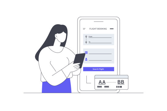 Flight Booking Mobile App and Travel Ticket Reservation. Female Specialist Holding Phone near Smartphone Screen Displaying Flight Search Form and Credit Card. Flat Cartoon Vector Illustration, icon 