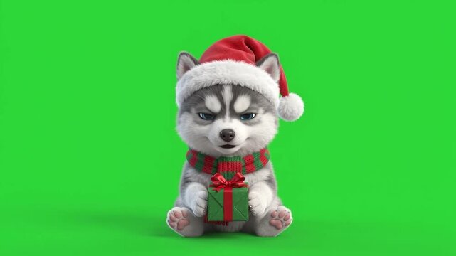 3D Animated Sled Dog Character in Santa Hat with Present for Green Screen Compositing