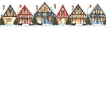 Half-Timbered Houses with Fir Garlands Top Edge Christmas Border