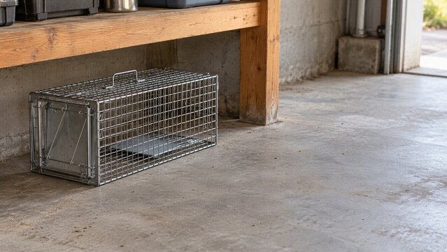 Metal live catch mouse trap on concrete floor in garage