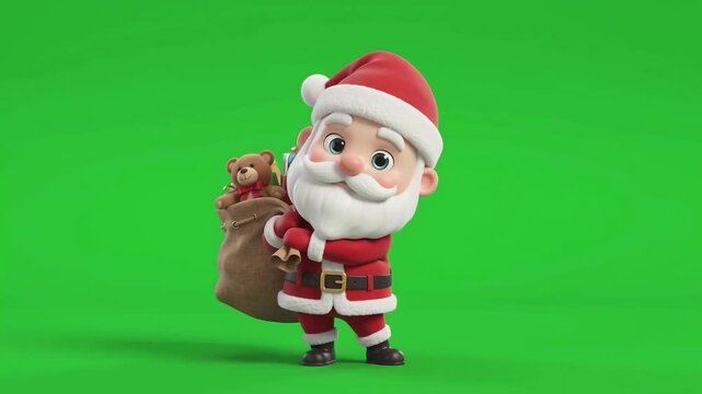 Adorable Santa Claus Carrying Toy Sack Animation on Green Screen