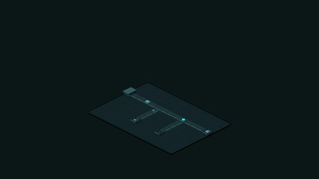 Animated isometric recycling plant sorting lines built as a minimal isometric vector scene in teal and cyan on a dark background. Smooth 4K seamless loop with empty label tags and room for your own ca