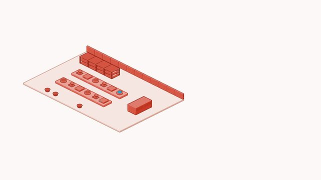 Animated isometric laboratory benches view blinking built as a minimal isometric vector scene in red and magenta on a light background. Smooth 4K seamless loop with empty label tags and room for your 