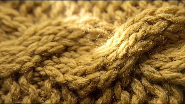 Macro video clip of yellow knitted wool texture showing detailed yarn craftsmanship loop.