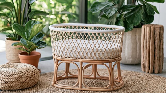 Modern rattan baby bassinet with white mattress in bright room