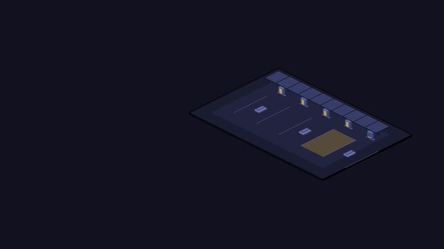Animated ev charging bays isometric highlighted built as a minimal isometric vector scene in blue and azure on a dark background. Smooth 4K seamless loop with empty label tags and room for your own ca
